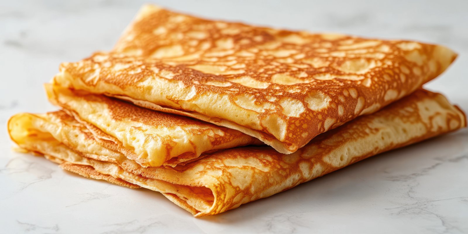 Delicious golden-brown crepes stacked on a marble surface ready to be filled